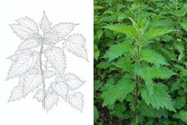 Botanical drawing and photograph of Stinging Nettle (Urtica dioica)