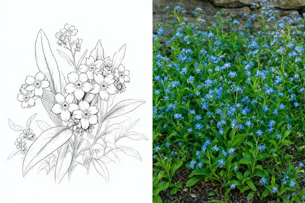 Botanical drawing and photograph of Forget-Me-Not (Myosotis arvensis / sylvatica)