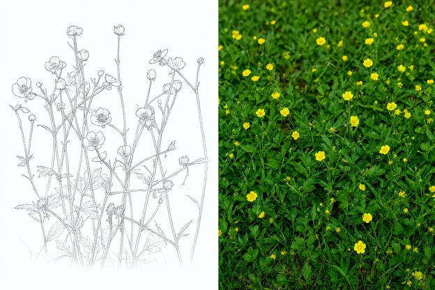 Botanical drawing and photograph of Creeping Buttercup (Ranunculus repens)