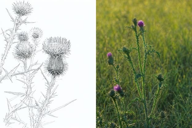 Botanical drawing and photograph of Spear Thistle (Cirsium vulgare)